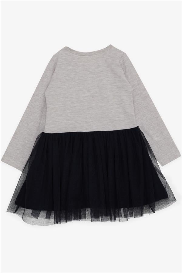 Girl's Long-Sleeved Dress with Tulle and Printed Text, Beige Melange (1.5-3 Years)