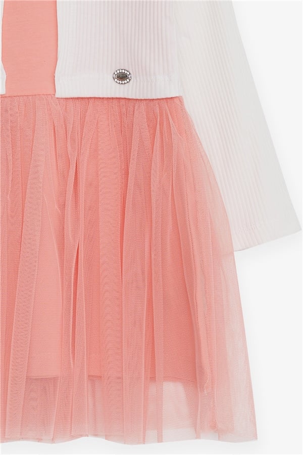 Girl's Long-Sleeved Dress with Tulle, Ecru (3-4 Years)