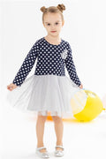 Girl's Long-Sleeved Dress with Tulle Bow, Navy Blue (1.5-3 Years)
