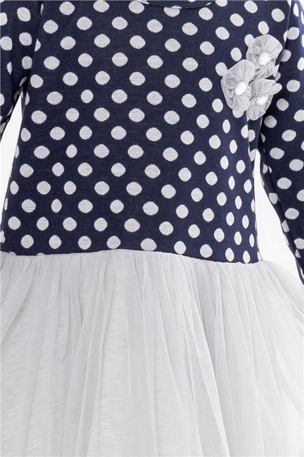 Girl's Long-Sleeved Dress with Tulle Bow, Navy Blue (1.5-3 Years)
