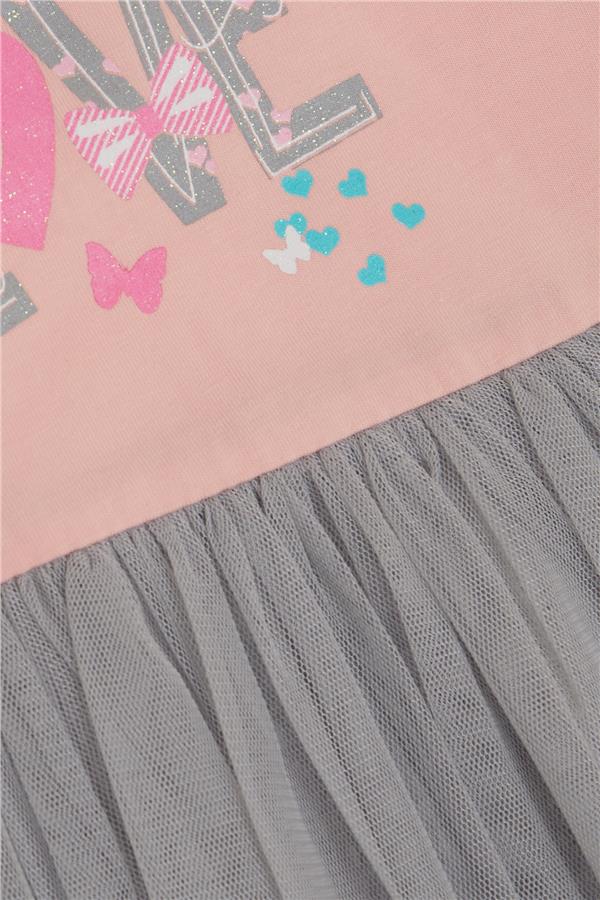 Baby Girl Long-Sleeved Dress with Tulle and Printed Text, Powder Pink (1.5-2 Years)