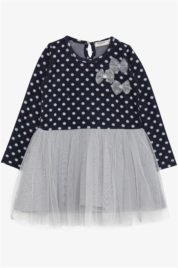 Girl's Long-Sleeved Dress with Tulle Bow, Navy Blue (1.5-3 Years)