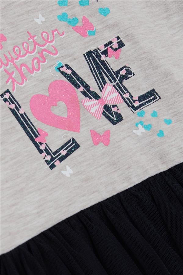 Girl's Long-Sleeved Dress with Tulle and Printed Text, Beige Melange (1.5-3 Years)