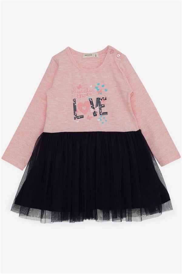 Baby Girl Long-Sleeved Dress with Tulle and Printed Text, Salmon Melange (1.5-2 Years)