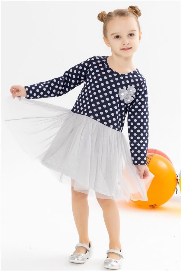 Girl's Long-Sleeved Dress with Tulle Bow, Navy Blue (1.5-3 Years)