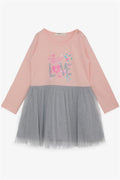 Baby Girl Long-Sleeved Dress with Tulle and Printed Text, Powder Pink (1.5-2 Years)