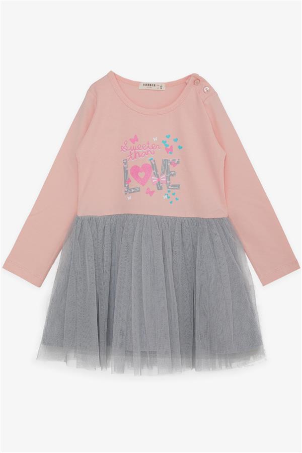 Baby Girl Long-Sleeved Dress with Tulle and Printed Text, Powder Pink (1.5-2 Years)