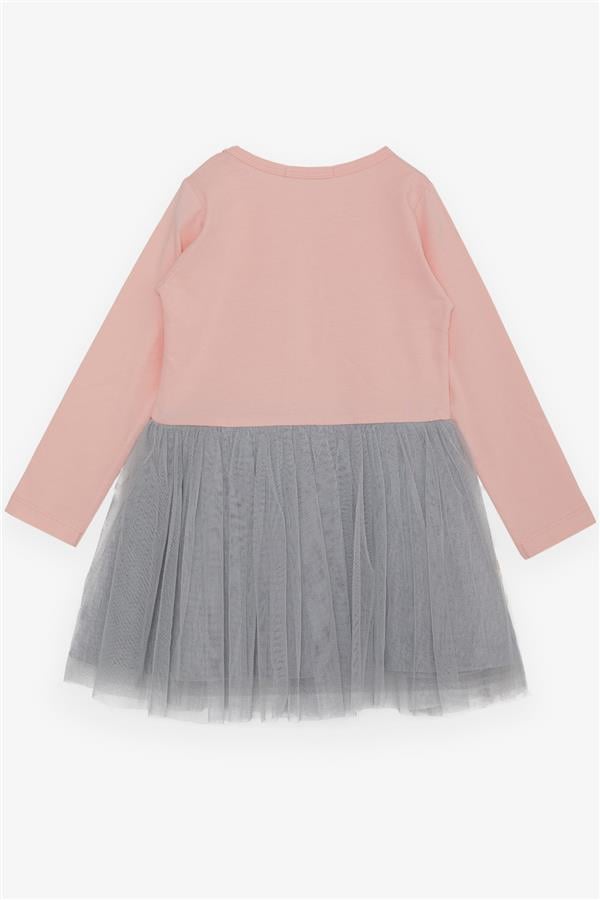 Baby Girl Long-Sleeved Dress with Tulle and Printed Text, Powder Pink (1.5-2 Years)