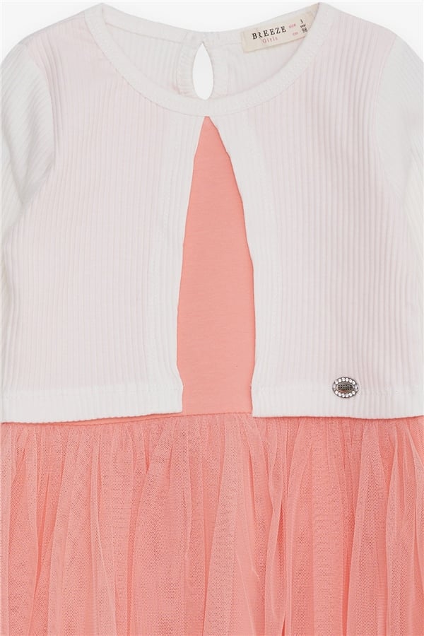 Girl's Long-Sleeved Dress with Tulle, Ecru (3-4 Years)