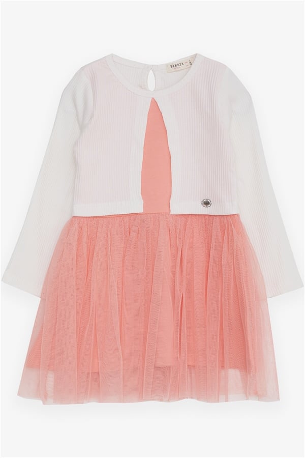 Girl's Long-Sleeved Dress with Tulle, Ecru (3-4 Years)