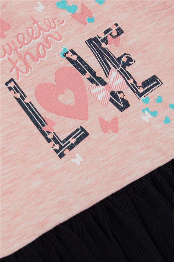 Baby Girl Long-Sleeved Dress with Tulle and Printed Text, Salmon Melange (1.5-2 Years)