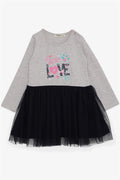 Girl's Long-Sleeved Dress with Tulle and Printed Text, Beige Melange (1.5-3 Years)