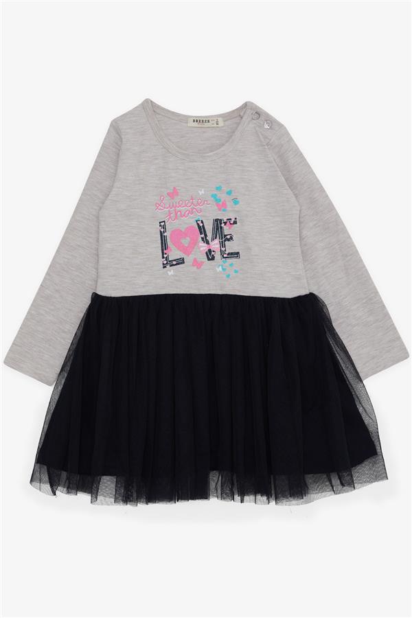 Girl's Long-Sleeved Dress with Tulle and Printed Text, Beige Melange (1.5-3 Years)