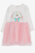 Girls' Long-Sleeved Dress with Unicorn Print, Off-White (1.5-2 Years)