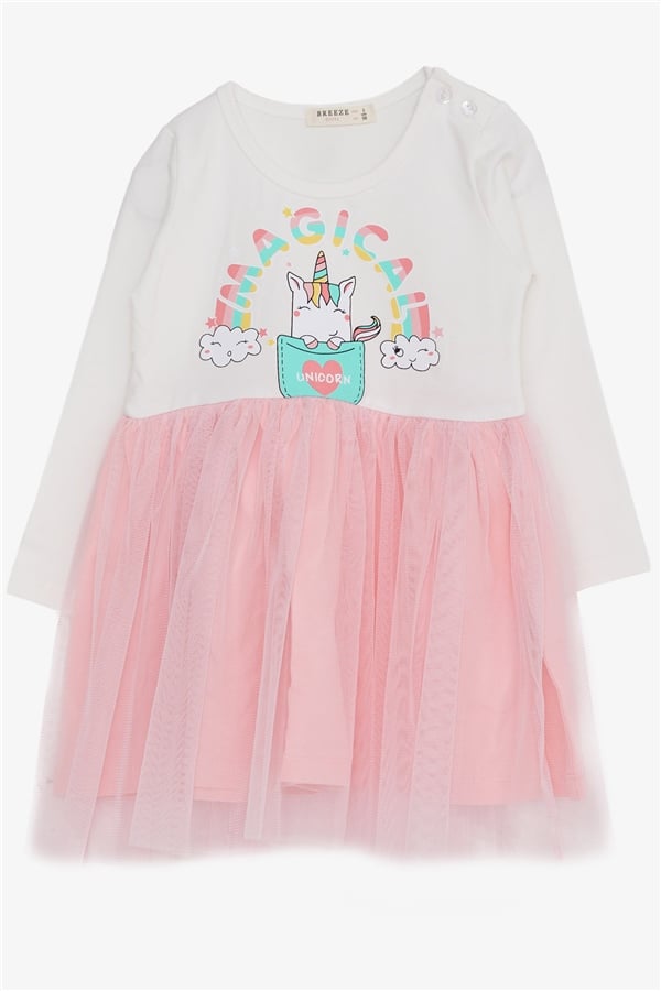 Girls' Long-Sleeved Dress with Unicorn Print, Off-White (1.5-2 Years)
