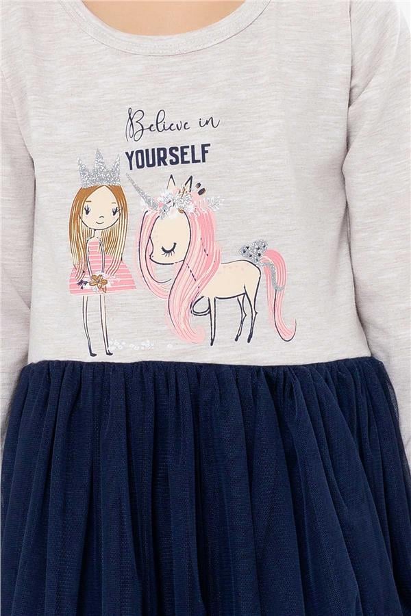 Baby Girl Long-Sleeve Dress Unicorn Beige Melange (1.5-2 Years)