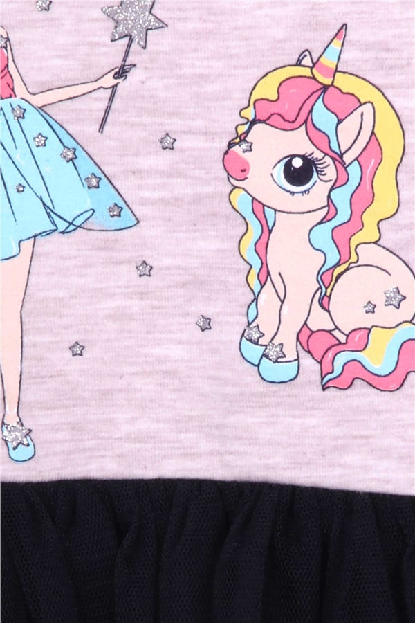 Girls' Long-Sleeved Dress with Unicorn Print, Beige Melange (2 Years)