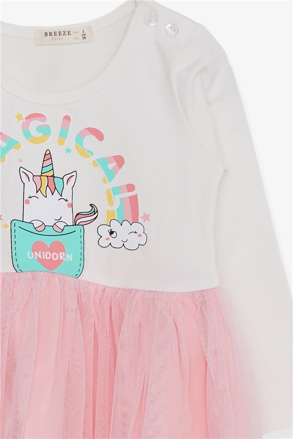 Girls' Long-Sleeved Dress with Unicorn Print, Off-White (1.5-2 Years)