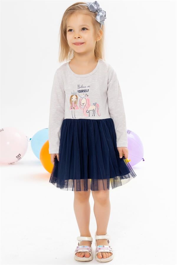 Baby Girl Long-Sleeve Dress Unicorn Beige Melange (1.5-2 Years)