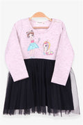 Girls' Long-Sleeved Dress with Unicorn Print, Beige Melange (2 Years)