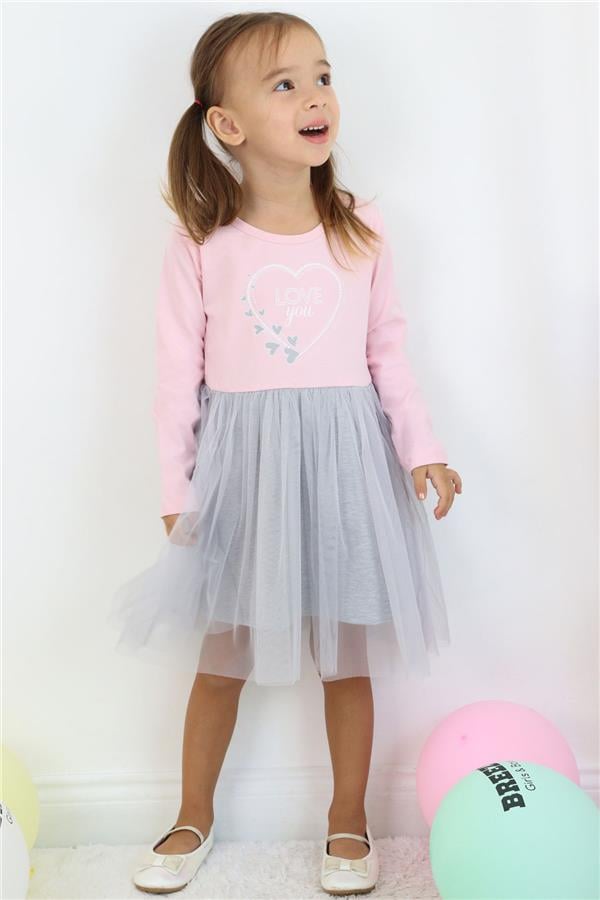 Girl's Long-Sleeved Dress with Printed Hearts, Pink (1.5-3 Years)