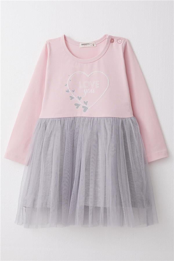 Girl's Long-Sleeved Dress with Printed Hearts, Pink (1.5-3 Years)