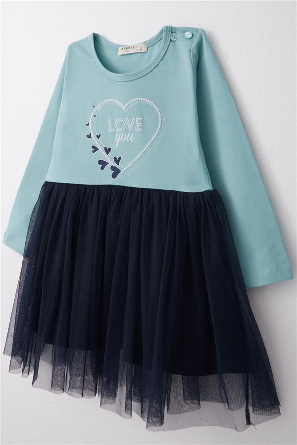 Girls' Long-Sleeved Dress with Heart Print, Aqua Green (1.5-4 Years)
