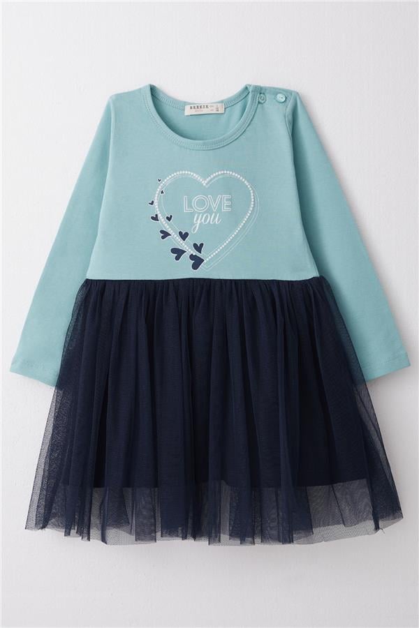 Girls' Long-Sleeved Dress with Heart Print, Aqua Green (1.5-4 Years)