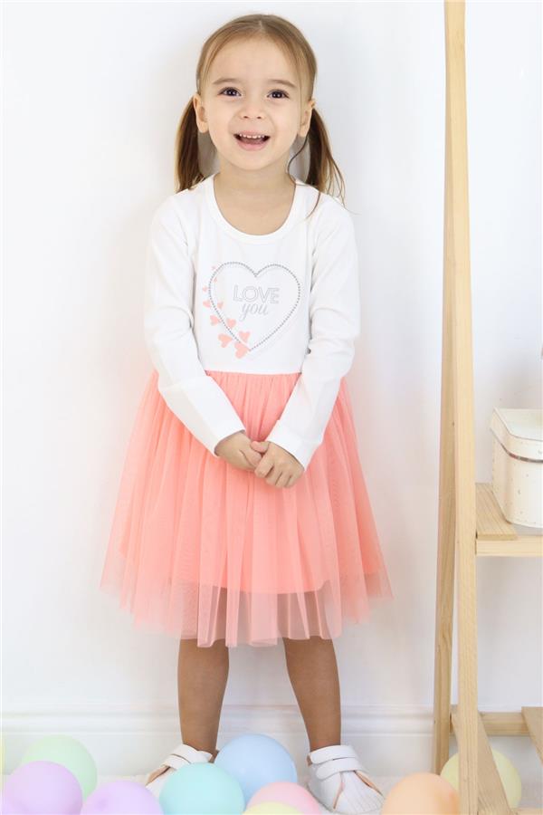 Baby Girl Long-Sleeved Dress with Heart Print and Text, Off-White (1.5-2 Years)