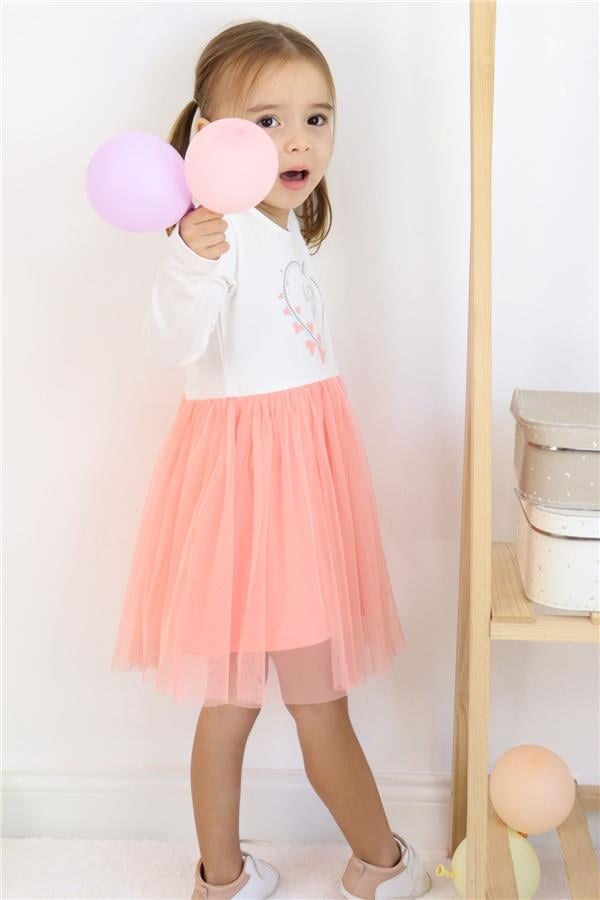 Baby Girl Long-Sleeved Dress with Heart Print and Text, Off-White (1.5-2 Years)