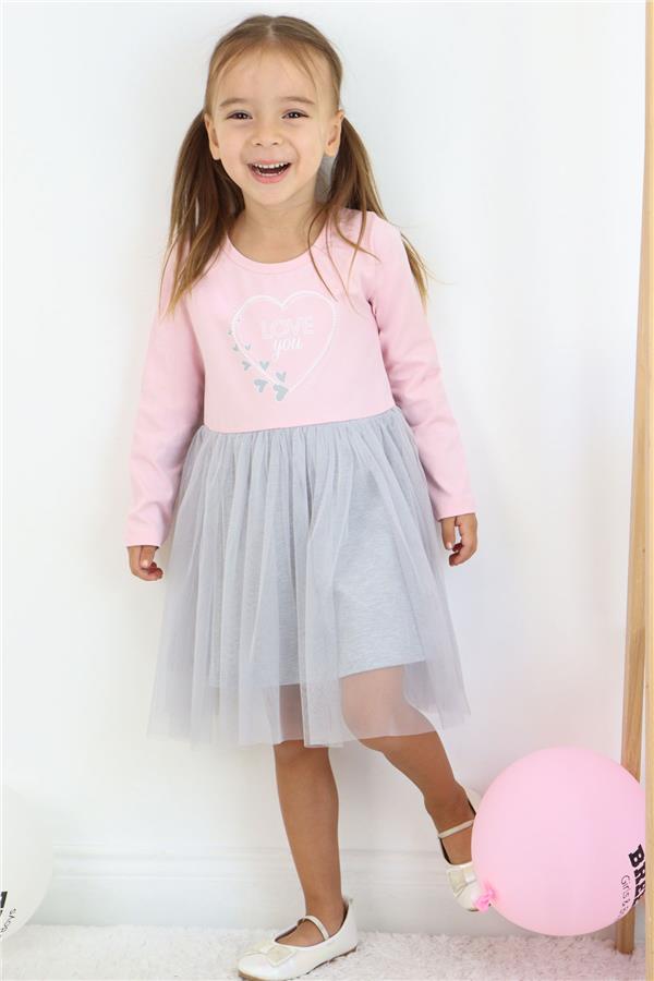Girl's Long-Sleeved Dress with Printed Hearts, Pink (1.5-3 Years)