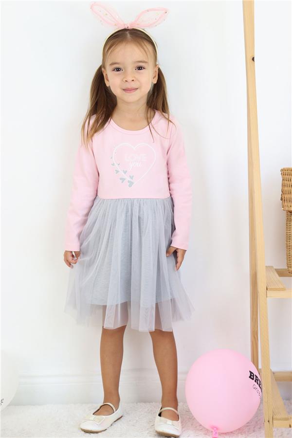 Girl's Long-Sleeved Dress with Printed Hearts, Pink (1.5-3 Years)