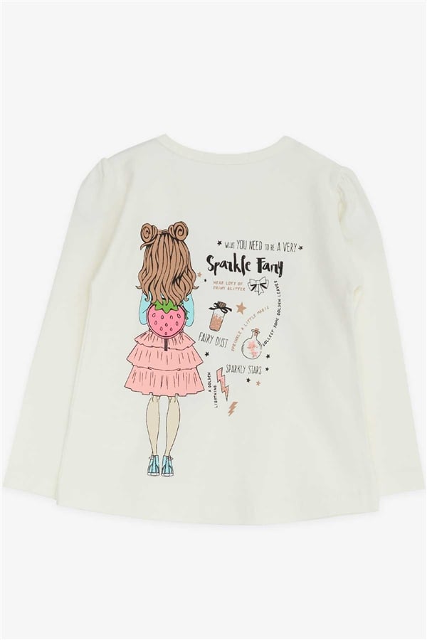Girls' Long-Sleeved T-Shirt, Printed, Off-White (1-2 Years)