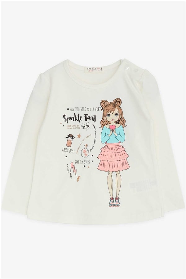 Girls' Long-Sleeved T-Shirt, Printed, Off-White (1-2 Years)