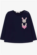 Girls' Long-Sleeved T-Shirt with Pockets, Bunny Print, Navy Blue (1.5 Years)