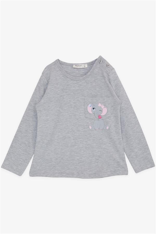 Girls' Long-Sleeve T-Shirt with Pockets, Cute Elephant Print, Grey Melange (1.5-5 Years)