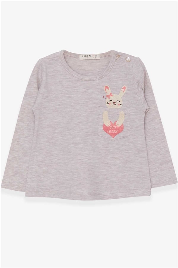 Girls' Long-Sleeved T-Shirt with Pockets, Bunny Print, Beige Melange (1.5-5 Years)