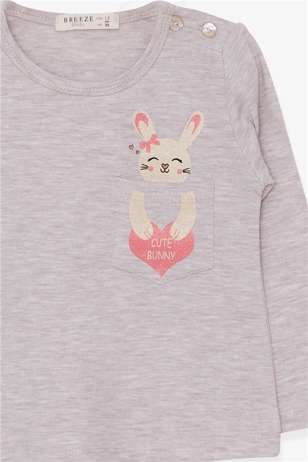 Girls' Long-Sleeved T-Shirt with Pockets, Bunny Print, Beige Melange (1.5-5 Years)