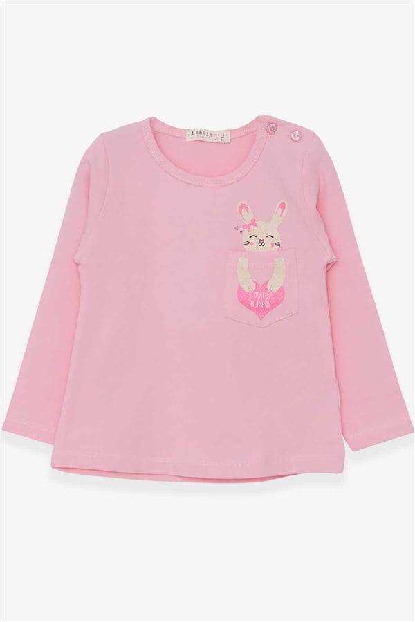 Girls' Long-Sleeved T-Shirt with Pockets, Bunny Print, Powder Pink (1.5-5 Years)