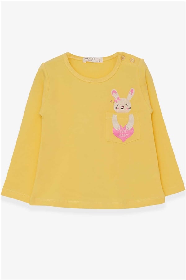 Baby Girl Long-Sleeve T-Shirt with Pockets, Bunny Print, Yellow (1.5 Years)