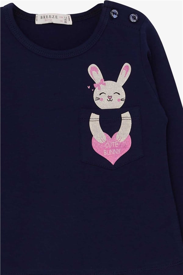 Girls' Long-Sleeved T-Shirt with Pockets, Bunny Print, Navy Blue (1.5 Years)