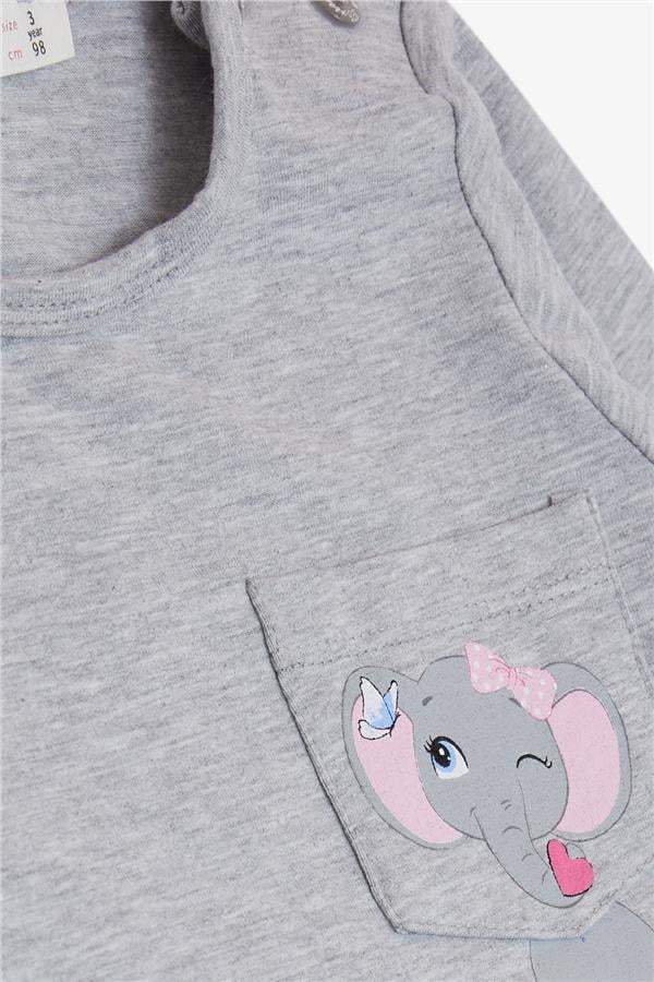 Girls' Long-Sleeve T-Shirt with Pockets, Cute Elephant Print, Grey Melange (1.5-5 Years)