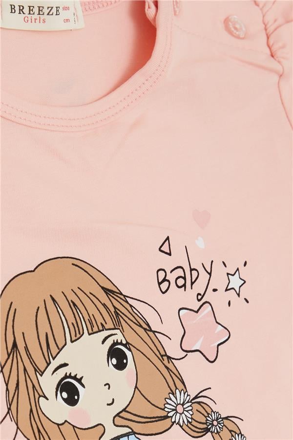 Baby Girl Long-Sleeve T-Shirt with Floral Girl Print, Salmon (1-2 Years)