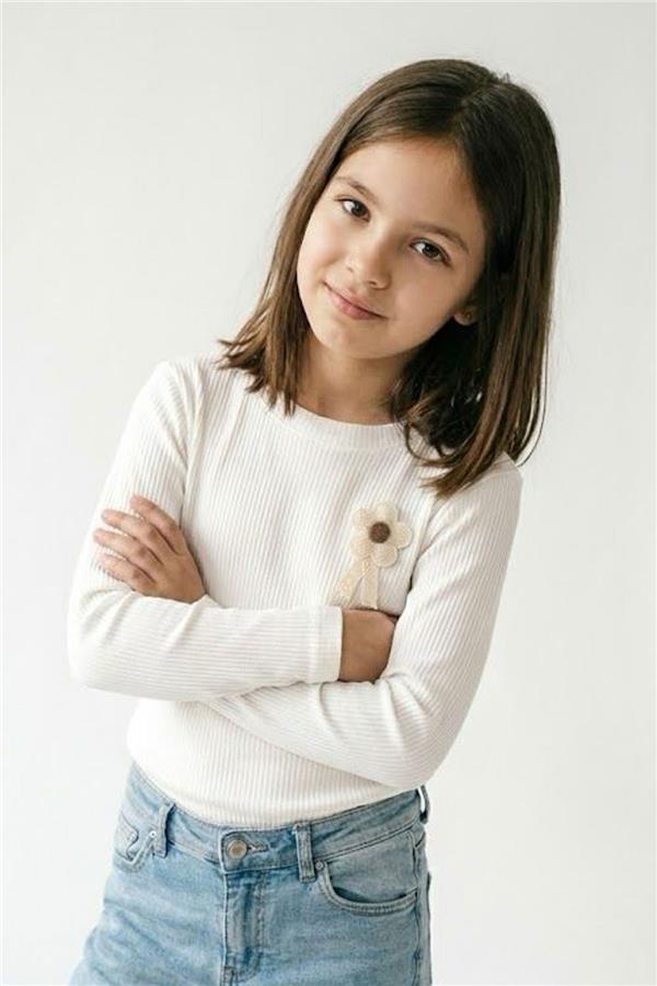 Girls' Long-Sleeve T-Shirt with Flower Applique and Emblem, Ecru (Ages 5-10)