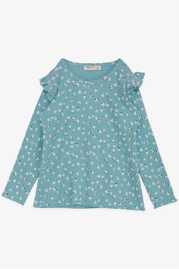 Girls' Long-Sleeve T-Shirt with Floral Pattern and Ruffled Shoulders, Aqua Green (Ages 2-6)