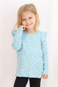 Girls' Long-Sleeve T-Shirt with Floral Pattern and Ruffled Shoulders, Aqua Green (Ages 2-6)