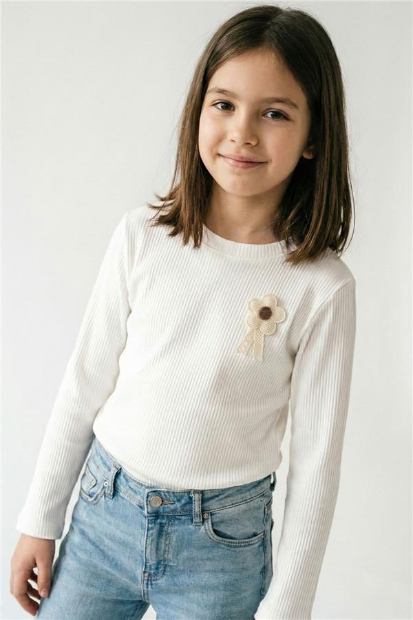 Girls' Long-Sleeve T-Shirt with Flower Applique and Emblem, Ecru (Ages 5-10)