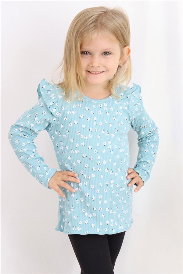 Girls' Long-Sleeve T-Shirt with Floral Pattern and Ruffled Shoulders, Aqua Green (Ages 2-6)