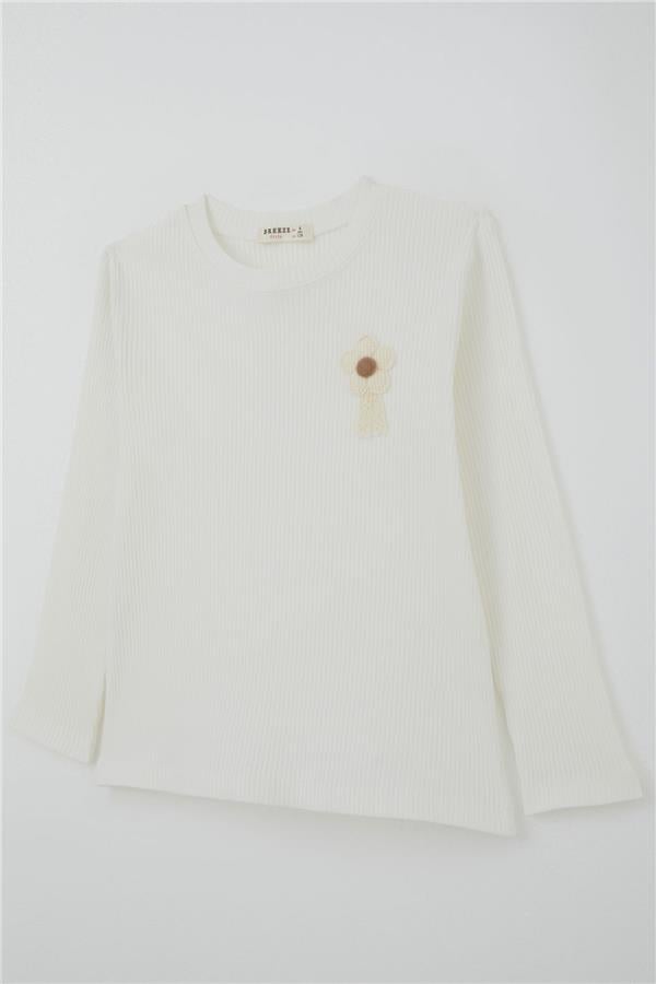 Girls' Long-Sleeve T-Shirt with Flower Applique and Emblem, Ecru (Ages 5-10)