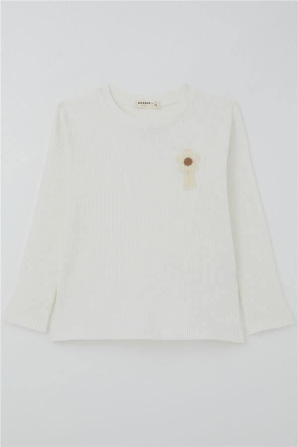 Girls' Long-Sleeve T-Shirt with Flower Applique and Emblem, Ecru (Ages 5-10)